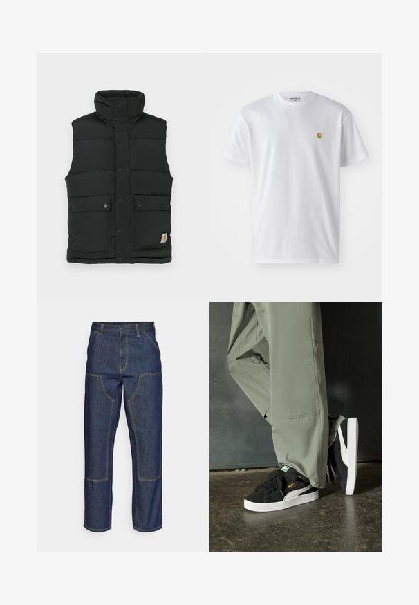 Mustapufferi liivi korkealla kauluksella, napsulukkokiinnitys, kaksi etutaskua ja logopatchi alaosassa. Suuri, tikattu rakenne.; Valkoinen puuvillapaita lyhyillä hihoilla, pyöreä kaula-aukko, jossa on pieni kultainen logo vasemmassa rintapielessä. Pehmeä kangas ja normaali istuvuus.; Tummansiniset farkut, joissa on korkea vyötärö, suora lahje, eriväriset ompeleet ja etupuolella pakki-taskut.; Mustat mokkakengät, joissa on valkoiset kumipohjat ja sivuraitoja, yhdistettynä vaaleanvihreisiin cargo-housuihin, seisoen tummalla teksturoidulla pinnalla.