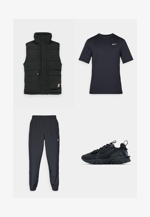 Vesta puffer neagră cu guler înalt, închidere cu capse, două buzunare frontale și patch cu logo pe partea de jos. Textură netedă, quilted.; Tricou Nike negru cu mânecă scurtă, confecționat dintr-un material neted, având un logo alb în formă de swoosh pe partea stângă sus, cu guler rotund.; Pantaloni sport negri dintr-un material ușor, cu un band elastic la talie, mansete la glezne și un logo Nike discret pe partea stângă.; Pantofii sport negri au un superior din plasă respirabilă, accente texturate și o talpă din cauciuc ondulată. Prezintă un logo reflectorizant și un sistem de șirete.