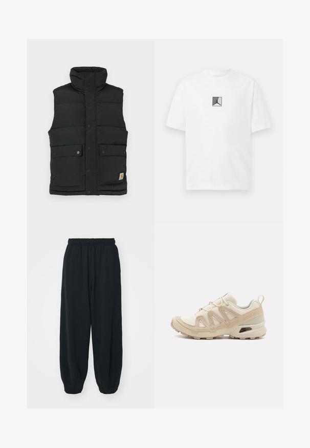 Colete puffer preto com gola alta, fecho de botões de pressão, dois bolsos frontais e patch do logotipo na parte inferior. Textura lisa e acolchoada.; T-shirt de algodão branco com um gráfico de logo central em preto e cinza. Gola redonda clássica e mangas curtas com um corte descontraído.; Calças de fato de treino pretas, com cintura elástica e um corte solto, com punhos nas pernas, textura suave e sem padrões visíveis ou detalhes de metal.; Sapatilha atlética beige e creme com parte superior em malha texturizada, sobreposições de suporte e sola de borracha com um padrão de cravo para tração.
