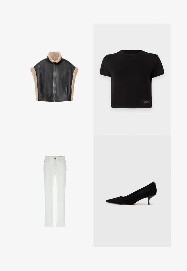 Černá kožená vesta s béžovým kožíškovým límcem a lemováním, vybavená předním zipem a otevřenými boky pro strukturovaný vzhled.; Černé tričko s krátkým rukávem z bavlny. Má kulatý výstřih a malé stříbrné logo "Guess" v dolním levém rohu.; Bílé džíny s úzkým střihem, designem se 5 kapsami a kontrastním šitím. Obsahují zapínání na knoflík a subtílní značkovou etiketu na pase.; Černá semišová dámská vysoká bota s špičatou špičkou a štíhlým, nízkým podpatkem. Hladký povrch s elegantním designem, bez viditelného kování.