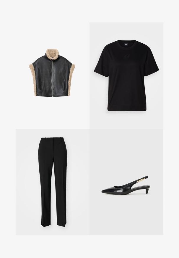 Črna usnjena telovnik s bež ovratnikom in obrobo iz šerpinga, z zadrgo spredaj in odprtimi stranicami za strukturiran dizajn.; Črna bombažna majica s krožnim izrezom, kratkimi rokavi in izvezenim logotipom na prsih. Preprosta, sproščena silhueta brez vzorcev.; Črne krojene hlače s direktnim krojem, ki se ponašajo z gladko teksturo in ostrimi pregibi spredaj. Ni vidne kovine.; Črne usnjene sandale na peto z ostro konico, ki imajo tanko peto in zlat ton na nastavljivem traku. Gladka tekstura.