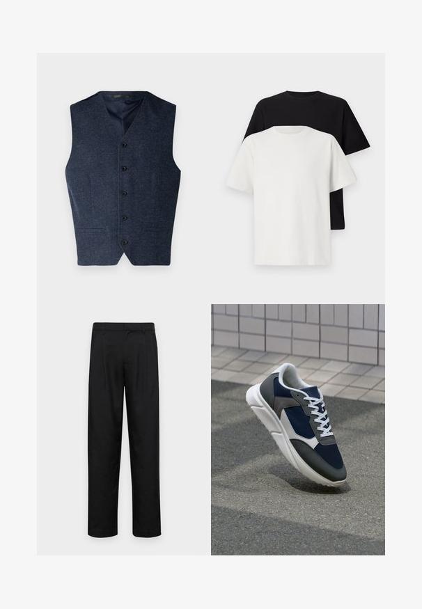 Tumši zilā veste, izgatavota no teksturēta auduma. Iekļauj V veida izgriezumu, sešus pogas un divas priekšējās kabatas ar pielāgotu piegriezumu.; Kokvilnas T-kreklu komplekts, kas sastāv no melna un baltā T-krekla, abi ar īsām piedurknēm, apaļu kakla izgriezumu un standarta piegriezumu. Faktūras audums.; Melnas bikses, izgatavotas no gludas auduma, ar taisnu kāju dizainu, divām priekšējām krokām un standarta jostu, kurai ir āķi.; Sporta apavi ar tumši zilas krāsas tīkla augšdaļu, pelēku zamšādas akcentiem, baltu gumijas zoli un plakaniem baltiem šņorēm, kas izstrādāti komfortam un elpojamībai.