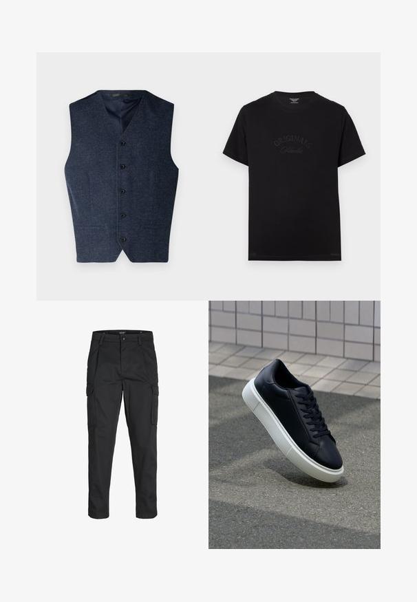 Granatowa kamizelka wykonana z tkaniny o fakturze. Posiada dekolt w serek, pięć guzików i dwie przednie kieszenie. Bez rękawów, zapewnia dopasowany krój.; Czarny bawełniany t-shirt z krótkim rękawem i okrągłym dekoltem. Na przedzie znajduje się wytłoczone napisy "ORIGINALS Studio" w tonacji kolorystycznej.; Czarne spodnie cargo wykonane z wytrzymałego materiału, z wieloma kieszeniami, zapięciem na guzik oraz zwężanym krojem nogawek.; Czarne skórzane sneakersy z okrągłym noskiem i białą gumową podeszwą. Posiadają płaskie sznurowadła i minimalne przeszycia na cholewce. Teksturowana podeszwa zapewnia przyczepność.