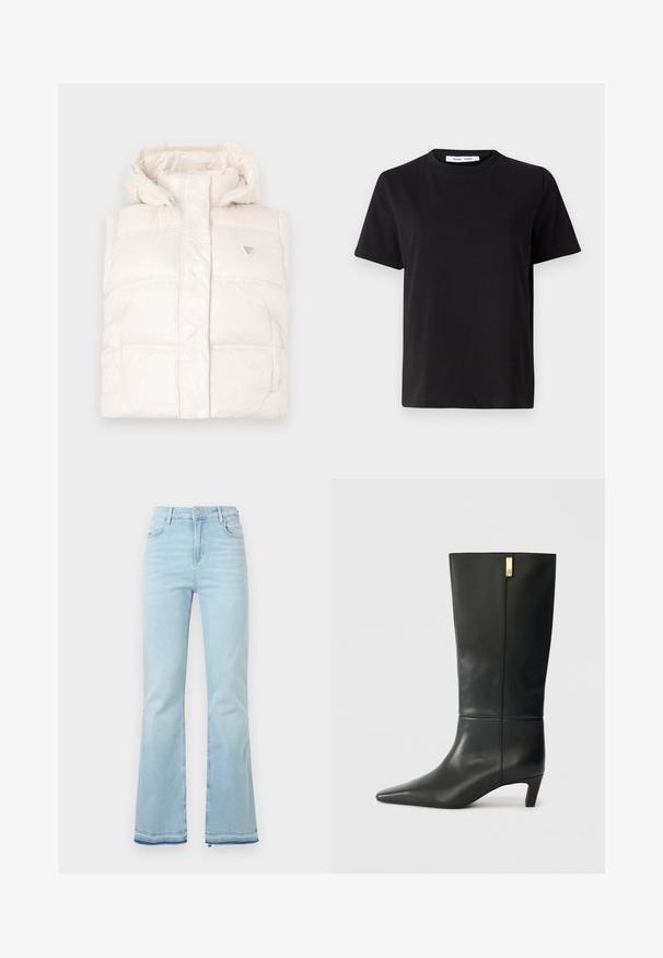 Balts pūkains vests ar kapuci, ar kvadrātveida dizainu un divām priekšējām kabatām. Iekļauts neliels trīsstūrveida logo uz krūtīm.; Melna īsām piedurknēm T-kreklu, kas izgatavots no mīksta kokvilnas, ar apļveida kakla izgriezumu, brīvu piegriezumu un gludu tekstūru. Nav redzamu rakstu vai grafikas.; Gai zilgani zvīles, kas izgatavotas no džinsa, ar augstu vidukli, priekšējām kabatām un neapstrādātu apakšmalu, nodrošinot ikdienišķu izskatu.; Melnas ādas ceļgala auguma zābaki ar smailu purngalu un mazu papēdi. Īpašības ietver elegantu dizainu ar zeltu akcenta detaļu. Gluda tekstūra.