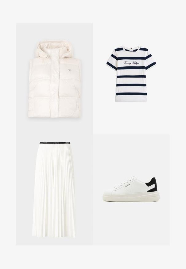 Weißer Daunenweste mit Kapuze, die ein gestepptes Design und zwei Fronttaschen aufweist. Enthält ein kleines dreieckiges Logo auf der Brust.; Baumwoll-T-Shirt mit horizontalen navy-blauen Streifen auf weißem Hintergrund. "Tommy Hilfiger" in Kursivschrift auf der Brust gestickt. Runder Halsausschnitt.; Faltenrock aus Weiß mit einem schwarzen elastischen Bund, der das "LACOSTE"-Logo trägt. Mittellanges Design mit weicher Textur.; Weiße Leder-Sneaker mit einer dicken weißen Sohle, schwarzem Wildlederakzent an der Ferse und geprägtem Logo an der Seite. Schnürdesign mit sechs Ösen.