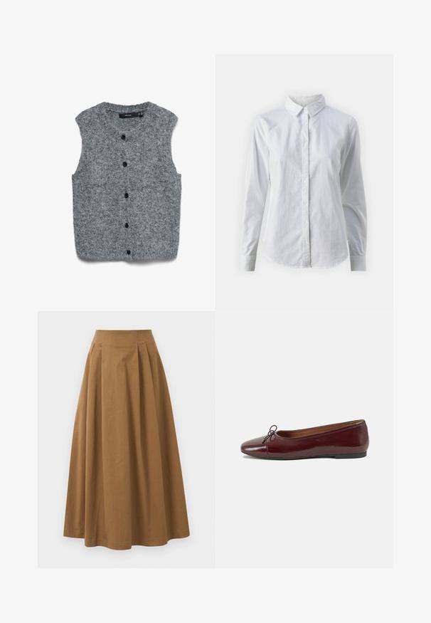 Vestă fără mâneci tricotată gri, cu o textură moale, având un decolteu rotund și șase nasturi negri în față.; Cămașă albă cu nasturi, confecționată din bumbac neted, având un guler clasic, mâneci lungi și un tiv curbat. Nasturii sunt mici și albi.; Fustă A-line din bumbac maro, cu talie înaltă, având pliseuri pe față și o textură netedă. Marginile sunt finisate curat și simplu.; Balerini din piele patent burgund cu vârful rotund, accent de fundiță mică în față și talpă joasă din cauciuc negru. Textură netedă.