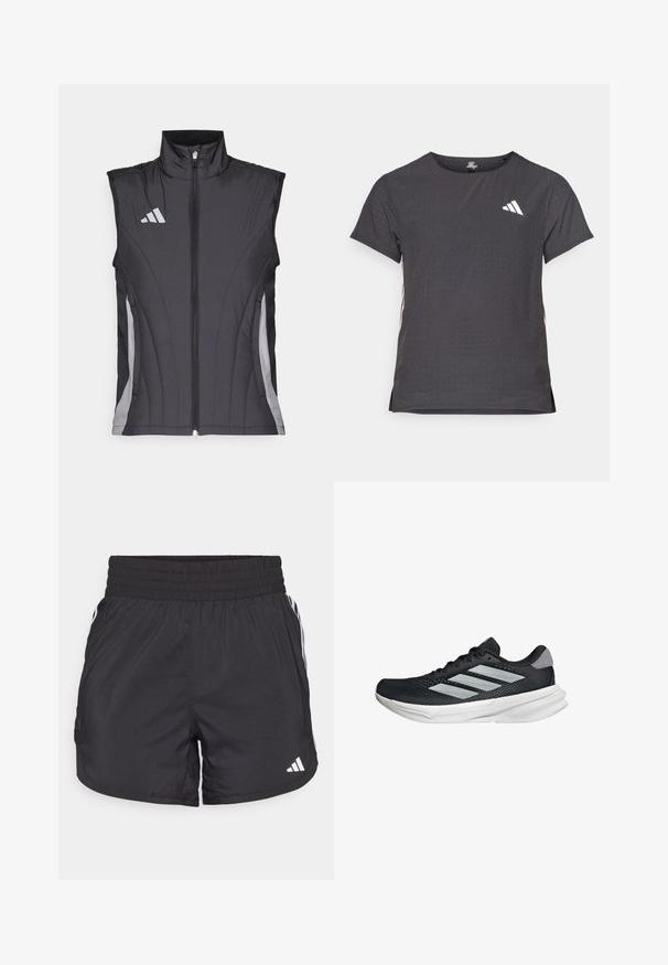 Black sleeveless vest with a high collar, featuring a front zipper and grey accents along the sides and logo on the chest.; Short-sleeve athletic t-shirt, dark gray with perforated texture. Features a white logo and contrasting side stripes. Rounded neckline.; Black athletic shorts with an elastic waistband, side pockets, and white stripe accents on the sides. Made of lightweight material.; Black running shoe with mesh upper, three silver stripes, white midsole, and textured outsole. Features padded collar and lace closure.
