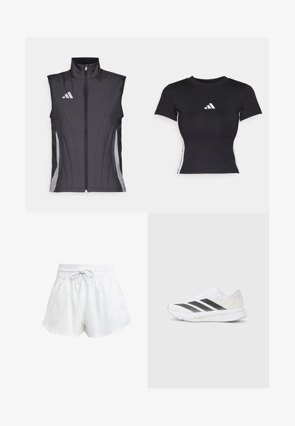 Zwarte mouwloze vest met een hoge kraag, voorzien van een ritssluiting aan de voorkant en grijze accenten langs de zijkanten en het logo op de borst.; Zwart aansluitend T-shirt van een gladde stof. Heeft korte mouwen en een wit adidas-logo op de borst. Witte strepen langs de zijkanten.; Witte sportieve shorts met een elastische tailleband en verstelbaar trekkoord. Gemaakt van lichtgewicht materiaal, met zijzakken en een losse pasvorm.; Witte sportschoen met zwarte diagonale strepen, bovenwerk van gaas, ronde neus en gestructureerde zool. Accenten zijn onder andere een zilveren hak en een minimalistisch ontwerp.