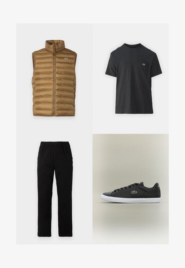 Braune, gepolsterte ärmellose Weste mit hohem Kragen, Reißverschluss vorne und seitlichen Taschen. Mit kleinem Logo auf der Brust.; Schwarz Baumwoll-T-Shirt mit kurzen Ärmeln, rundem Ausschnitt und einem kleinen grünen Logo auf der linken Brusttasche. Einfaches Design, reguläre Passform.; Schwarze Hosen aus einem Baumwollmischgewebe, mit geradem Schnitt, elastischem Bund mit Knopf und ohne sichtbare Muster oder Akzente.; Schwarze Leder-Sneaker mit weißer Gummisohle, ausgestattet mit einem grünen Krokodil-Logo und runden Schnürsenkeln, elegantes Design mit glatter Textur.