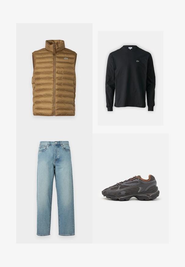 Smeđa podložena prsluk bez rukava s visokim ovratnikom, prednjim zatvaranjem na zip i bočnim džepovima. Ima mali logotip na prsima.; Crna majica dugih rukava od pamuka, s okruglim izrezom i malim zelenim izvezenim logotipom krokodila s lijeve strane prsnog dijela.; Svijetloplavi traperice s opuštenim krojem, ravnim nogavicama, dizajnom s pet džepova i kopčanjem na gumbe u struku. Minimalistički detalj šivanja.; Lacoste tenisice u tamno sivoj boji s mrežastim i sintetičkim materijalom, s teksturiranom potplatom i smešnim akcentima na ovratniku i brandiranju.