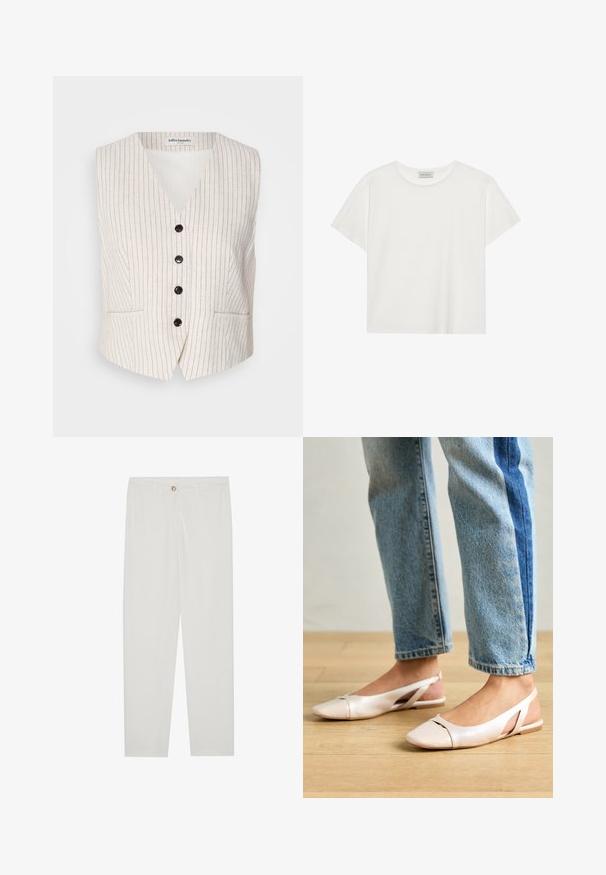 Kreminės lininės liemenės su vertikaliomis tamsiomis juostelėmis, V formos iškirpte, penkiais juodais mygtukais ir dviem priekinėmis kišenėmis. Prisegamas modelis su šiek tiek siaurėjanti forma.; Balta trumpa rankovė T-marškiniai, pagaminti iš minkštos medvilnės. Charakterizuojami apvali kaklo iškirpte ir laisvu siluetu. Švarus dizainas be matomų raštų ar akcentų.; Baltos, pritaikytos kelnės su tiesaus kirpimo dizainu, su sagčių uždarymu, dirželių kilpomis ir šoninėmis kišenėmis; lygus audinio tekstūros.; Šviesiai rožiniai slingback baleto bateliai su smailiu pirštu, pagaminti iš lygios odai panašios medžiagos. Yra išpjovimų detalės šonuose ir plokščias kulnas.