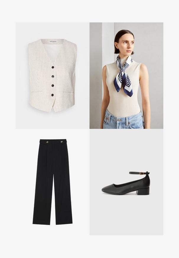 Krémová ľanová vesta s vertikálnymi tmavými pruhmi, V-výstrihom, piatimi čiernymi gombíkmi a dvomi prednými vreckami. Prispôsobený strih s mierne zúženým tvarom.; Čierne tričko s ryhovanou textúrou, okrúhlym výstrihom zdobeným bielym zúbkovaným lemom a krátkymi rukávmi s zodpovedajúcimi zúbkovanými detailmi.; Čierne široké nohavice s vysokým pásom, so zapínaním na gombíky na páse a prednými sklady.; Čierne kožené lodičky s špicatou špičkou a nízkym blokovým podpätkom. Obsahuje remienok okolo členka so zlatým prackou. Hladký povrch.; Hedvábný šátek v námořnické modři a bílé s geometrickým zigzagovým vzorem. Hladká textura, úhledně uvázán kolem krku, doplňuje žebrovaný top.; Čierna kožená taška s hladkou textúrou, štruktúrovaným tvarom, dvoma uchami a výrazným strieborným prackovým detailom na prednej strane.