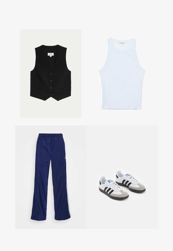 Marks & Spencer TAILORED - Weste - black; Weißes Tanktop, gerippte Textur, runder Ausschnitt, ärmelloses Design, enganliegende Form, dezente Markenkennzeichnung im Etikett im Kragenbereich.; Marineblaue Sporthose mit elastischem Bund, geraden Beinen und seitlichen Reißverschlüssen. Mit weißen Paspeln an den Seiten. Glatte Stoffstruktur.; Sportschuhe mit einem Obermaterial aus weißem Leder, grauer Wildleder-Zehenkappe und drei schwarzen Streifen. Sie verfügen über ein blaues Logo auf der Zunge und eine strukturierte Gummisohle.