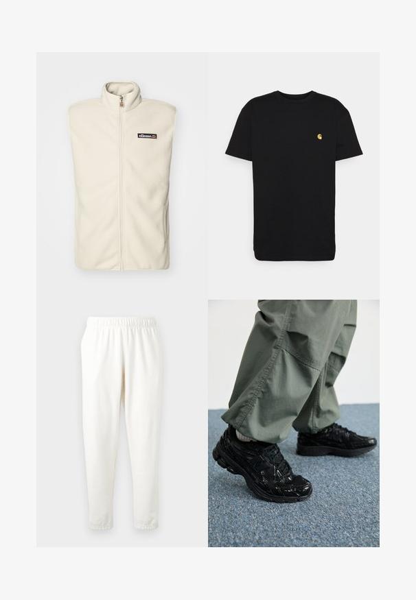 Kremowa kamizelka polarowa z wysokim kołnierzem, zamkiem błyskawicznym z przodu i czarną naszywką z logo na lewej piersi. Miękka tekstura i bezrękawnikowy krój.; Czarna bawełniana koszulka z krótkim rękawem, okrągłym dekoltem i małym żółtym logo na lewej piersi. Prosty design i regularny krój.; Spodnie dresowe w kolorze kremowym z elastycznym pasem, o tapered legs, wykonane z miękkiego materiału. Charakteryzują się gładką fakturą oraz brakiem widocznych wzorów czy akcentów.; Czarne sportowe sneakersy z błyszczącą i siateczkową teksturą, z grubą podeszwą i sznurowadłami, w połączeniu z luźnymi oliwkowymi spodniami cargo.