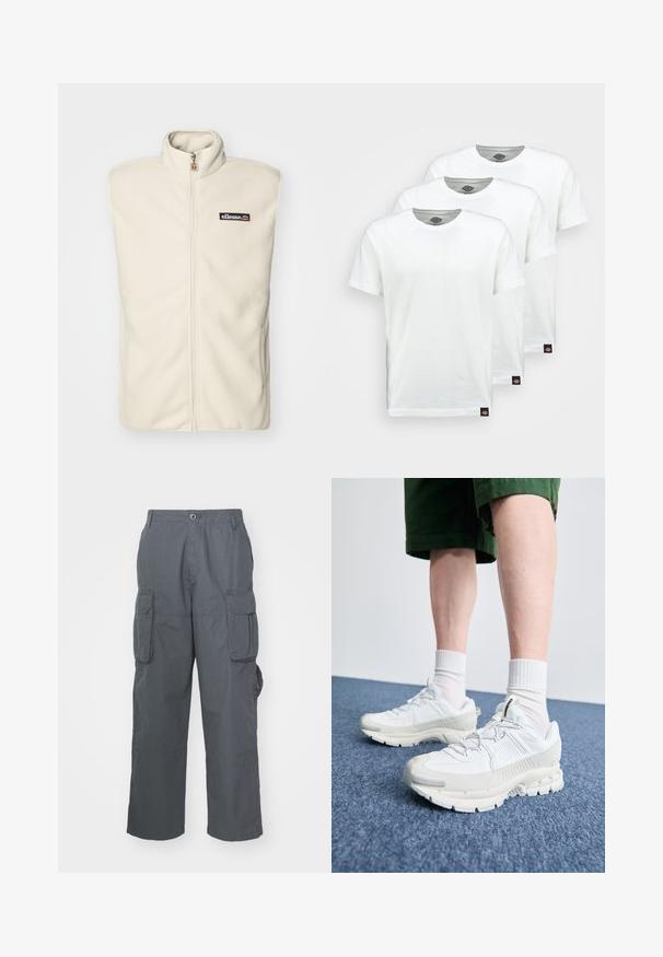 Cremfarbener Fleece-Westen mit hohem Kragen, Frontreißverschluss und einem schwarzen Logopatch auf der linken Brust. Weiche Textur und ärmelloses Design.; Drei schlichte weiße Baumwoll-T-Shirts mit kurzen Ärmeln. Jedes Shirt hat einen runden Ausschnitt und ein kleines schwarzes Logotipo auf der linken Seite.; Cargo-Hose aus dunkelgrauem Stoff; verfügt über mehrere Seitentaschen, einen lässigen Schnitt und einen Knopfverschluss am Bund.; Weiße Sportschuhe mit strukturierten Überzügen, einer dicken Sohle und grauen Akzenten. Tragen mit weißen Crew-Socken und grünen Shorts auf einer blauen Oberfläche.