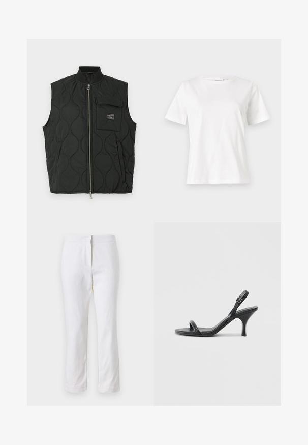 Črn prešito brezrokavnik z visokim ovratnikom, sprednjim zadrgo in žepom na levem prsnem delu. Strukturiran vzorec in blagovna oznaka na žepu.; Bela bombažna majica s kratkimi rokavi, okroglo izrezana in ohlapnega kroja. Gladka tekstura, brez vzorcev ali dodatkov, minimalističen dizajn.; Beli bombažne hlače s ravnim krojem, srednje visoko pasom, brez vidnih kovinskih elementov ali vzorcev. Gladka textura po vsej površini.; Črne usnjene visoke sandale s tankim, ukrivljenim petam in obliko križanih trakov. Nastavljiv trak okoli gležnja. Gladka tekstura.