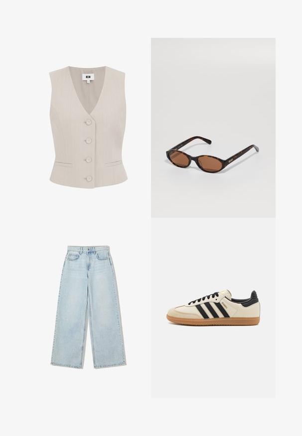 Beige ärmellose Weste mit Streifenmuster, V-Ausschnitt, fünf runden Knöpfen, zwei Seitentaschen und taillierter Passform.; Langärmliges Oberteil aus cremefarbener Stoff, mit leichter Raffung an den Seiten und klassischem Kragen. Sanfte Textur, schlichtes Design.; Helle blaue, weite Jeans aus Denim mit hoher Taille, fünf Taschen und sichtbaren Nähten entlang der Nähte.; Beige Sport Schuh mit schwarzen Streifen, Gummisohle und schwarzen Akzenten. Verfügt über ein Obermaterial aus glattem Leder und ein rundes Zehendesign.; Schildpatt ovalen Sonnenbrillen mit braunen Gläsern, schräg gehalten, um das "QUAY"-Logo am rechten Gestell auf einem schlichten Hintergrund zu zeigen.; Braune, geflochtene Lederhandtasche mit einer lässigen, dreieckigen Form. Verfügt über einen geflochtenen Griff und einen Reißverschluss an der Oberseite.