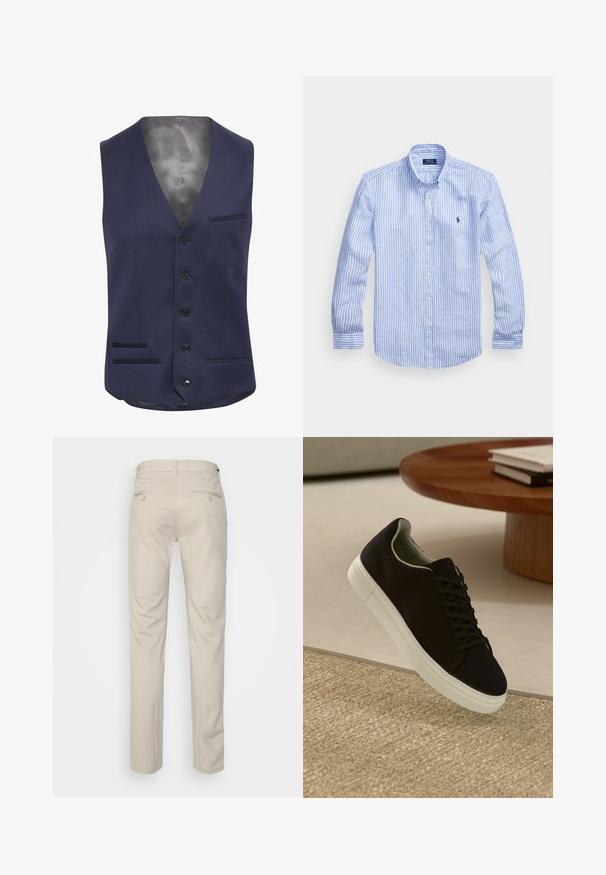 Tamsiai mėlynas liemenė su V formos iškirpte, šešiais juodais mygtukais, dviem priekinėmis kišenėmis su smulkia siuvinėjimo detalėmis ir lygiu satino pamušalu.; Mėlynos ir baltos dryžuotos ilgomis rankovėmis medvilninė marškiniai, turintys sagtelę ant apykaklės, priekinius mygtukus ir mažą išsiuvinėtą logotipą krūtinėje.; Bežinės kelnės su lygia tekstūra, tiesiu pjūviu, dviem užpakalinėmis kišenėmis su sagomis ir standartine juosmena.; Juodas sportinis batelis su baltu padu, lekiančius virš smėlio spalvos tekstūruoto kilimo šalia apvalaus medinio stalo su sukrautomis knygomis.