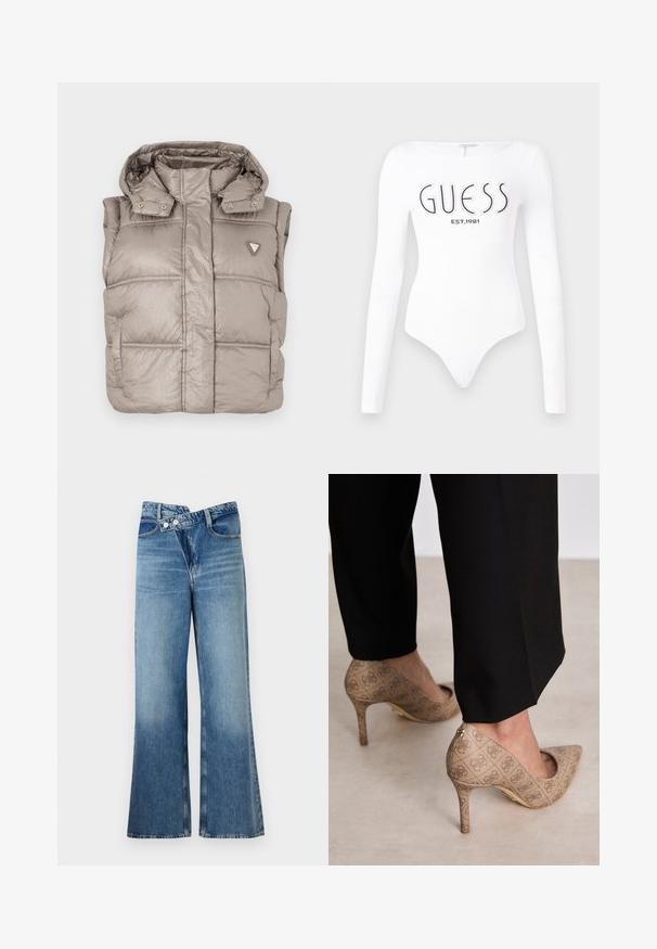 Lengvas smėlio spalvos pūkinis liemenas su blizgiu paviršiumi, aukštu apykakle, spaudžių mygtukais ir deimanto formos logotipu kairėje krūtinės pusėje.; Baltos ilgomis rankovėmis bodis su apvaliu iškirpimu. Priekyje juodu spalva yra atspausdinta "GUESS" logotipas ir "EST.1981". Lygus paviršius.; Šviesiai mėlynos džinsinės kelnes platėjančios apačios, aukštu liemeniu, su dviem saga ir priekinių kišenių detalėmis. Medžiaga turi išblukusį tekstūrą su subtiliais skirtumais.; Smėliniai aukštakulniai bateliai su tekstūruotu audiniu, kuriame yra pasikartojanti tekstūra. Išgaubtas pirštas, su užpakaline akcentu ir auksiniu kulno detaliu.