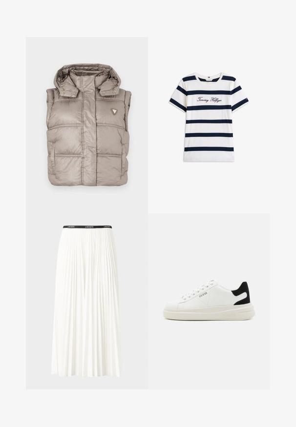 Lett beigefarget puffervest med en blank finish, høy krage, trykknapper og en diamantlogo på venstre bryst.; Koftet laget av bomull har horisontale marineblå striper på hvit bakgrunn. "Tommy Hilfiger" brodert i kursiv på brystet. Rund hals.; Plissert hvit skjørt med en svart elastisk midje som har "LACOSTE"-logoen. Midjelengde design med myk tekstur.; Hvite lær sneakers med tykk hvit såle, svart semsket hælforsterkning og preget logo på siden. Snøresystem med seks hull.