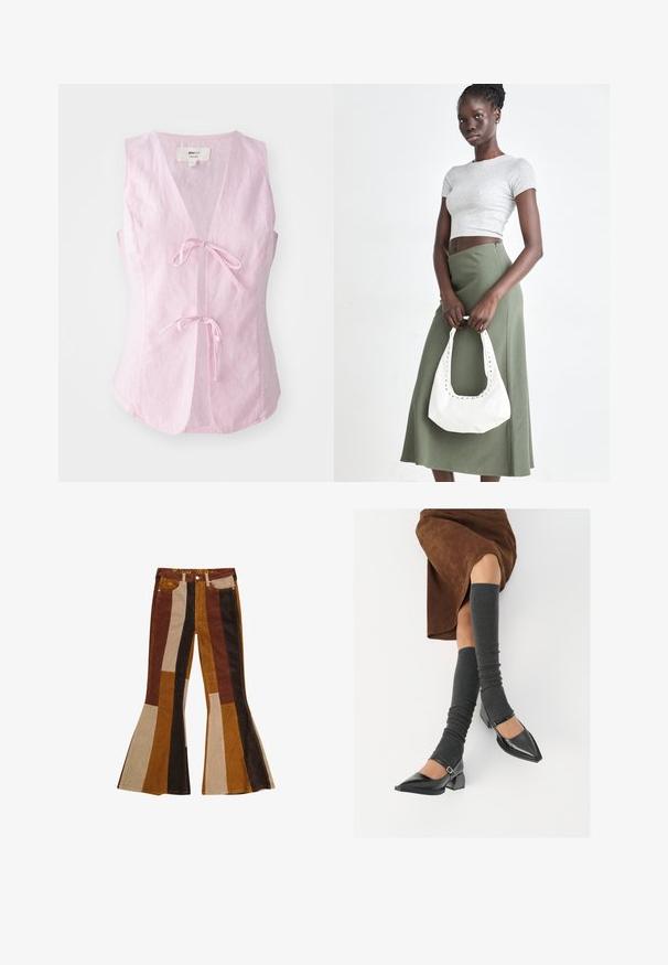 Rosa lin skjorte uten ermer med dyp V-hals og to frontknuter. Har en jevn tekstur og litt utsvingt kant for en avslappet passform.; Hvit ermeløs ribbestrikket tank topp med gullmetallisk skrift som sier "Cowgirl" på brystet, vist på en ensfarget bakgrunn.; Vidgående cordbukser i kordfløyel med stripemønster i nyanser av brunt, beige og gull, med lommer og farget midjebånd.; Sorte lakkpumps med spiss tå, blokkhel, og ankelstropp, kombinert med grå ribbestrikkede beinvarmere og et brunt semsket skinn skjørt.; Grå ribbet topp og olivengrønn høy midje skjørt. Modellen holder en hvit skulderveske med utskjæringsdetaljer. Enkelt design, tettsittende silhuett.