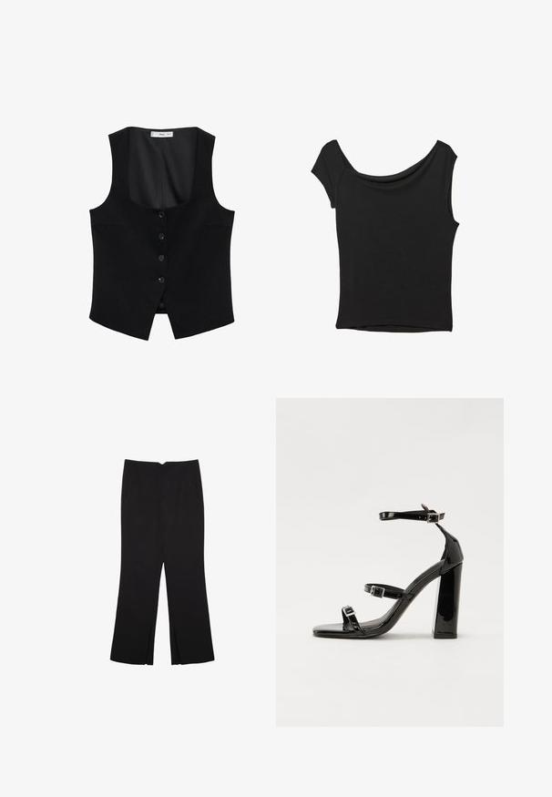 Mango - Kamizelka; Czarna bluzka z krótkim rękawem, wykonana z gładkiego materiału; posiada dekolt w stylu drapowanym oraz asymetryczny dół, z dopasowanym krojem.; Czarne spodnie o prostym kroju, z przednimi kieszeniami i bocznymi rozcięciami na dole. Wykonane z miękkiego, gładkiego materiału. Odpowiednie na różne okazje.; Czarne lakierowane sandały na obcasie z kwadratowym noskiem, z paskami wokół kostki i srebrnymi klamrami. Posiadają masywny słupek dla stabilności.
