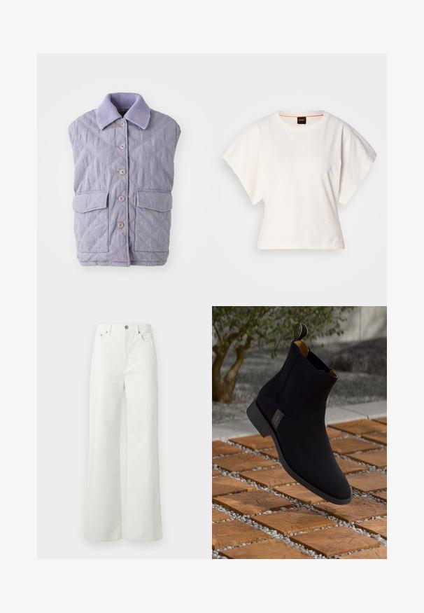 Colete lilás matelassado com colarinho canelado, seis botões e dois bolsos frontais; apresenta um padrão em diamante e textura suave.; T-shirt branco cropped, mangas curtas e largas, material de algodão suave, decote redondo com um discreto acabamento laranja, design minimalista, sem padrões ou gráficos.; Samsøe Samsøe SHELLY - Calças de ganga de corte relaxado - clear cream; Botim de tornozelo em couro preto com um acabamento suave, forro amarelo e uma alça para puxar; colocado sobre uma superfície texturizada de madeira e cascalho.