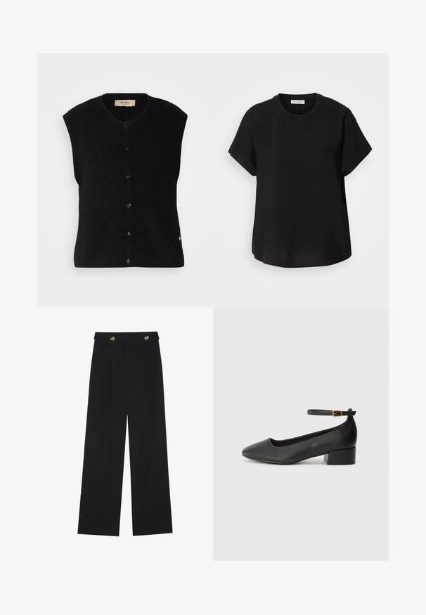 Vesta fără mâneci din lână neagră, cu decolteu rotund, închidere cu nasturi în față și detaliu discret cu logo pe margine. Textură moale, design minimalist.; Tricou negru cu mânecă scurtă și decolteu rotund. Confecționat dintr-un material ușor, având o croială lejeră și un tiv drept la baza.; Pantaloni negri cu picioare largi, talie înaltă, detalii cu butoane pe talie și pliseuri în față.; Pantof cu toc negru din piele, cu vârf ascuțit și toc mic pătrat. Dispune de o curea la gleznă cu o cataramă în tonuri de aur. Textură netedă.