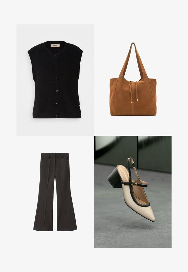 Crni vuneni prsluk bez rukava s okruglim izrezom, prednjim zatvaranjem na gumbe i suptilnim logotipom na rubu. Mekana tekstura, minimalistički dizajn.; Bijela pamučna majica kratkih rukava s okruglim izrezom. Jednostavan dizajn, slobodan kroj, glatka tekstura. Nema vidljivih uzoraka ili akcenta.; Crne široke hlače s visokim strukom; sadrže dva prednja džepa i glatku teksturu materijala. Pogodne za razne prigode.; Bež cipele s otvorenom petom i šiljastim vrhom, crnim obrubom, zlatnom kopčom i debelim blok-petom na sivom podu s tamnozelenom pozadinom.; Smeđa antilop torba za ruke s dva duga remena, zatvaranje na vezicu i minimalistički dizajn. Glatka tekstura i bez vidljivih metalnih elemenata.