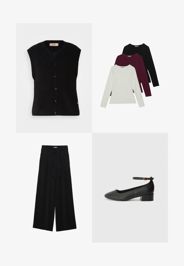 Colete sem mangas de lã preta com decote redondo, fecho frontal por botões e detalhe de logótipo subtil na bainha. Textura suave, design minimalista.; T-shirts de manga longa nas cores branca, burgundy e preta. Feitos de um tecido suave com decote redondo e design ajustado. Adequados para sobreposições.; Calças largas pretas com um tecido texturizado, uma cintura elástica e um laço destacável na cintura para um ajuste ajustável.; Sandal de pele preta com bico pontiagudo e um salto bloco baixo. Apresenta uma tira no tornozelo com uma fivela em tom dourado. Textura suave.
