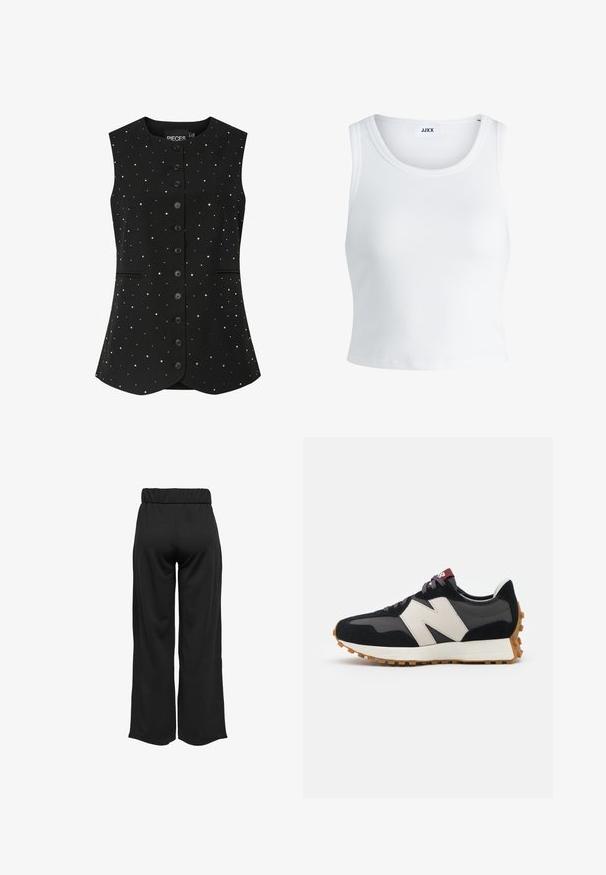 Must mustriga vest ilma varrukat, millel on nuppliist, kaetud hajusatest hõbedastest sequinidest, kerge läikega ja kahe ees oleva taskuga. Sile tekstuur.; Valge ribakujuline tank top, millel on ümmargune kaelus, varrukateta disain ja lühike pikkus. Silt ütleb "JJXX." Sile kangast tekstuur.; Mustad, laiad püksid elastse vöökohtaga, valmistatud siledast kangast. Omab lihtsat disaini, ilma taskute või nähtavate õmbluste detailideta.; Mustmust ja halli nubukist tennisajal on suur kreemjas "N" logo, lilla paelad ja tekstureeritud kummist välispohja.