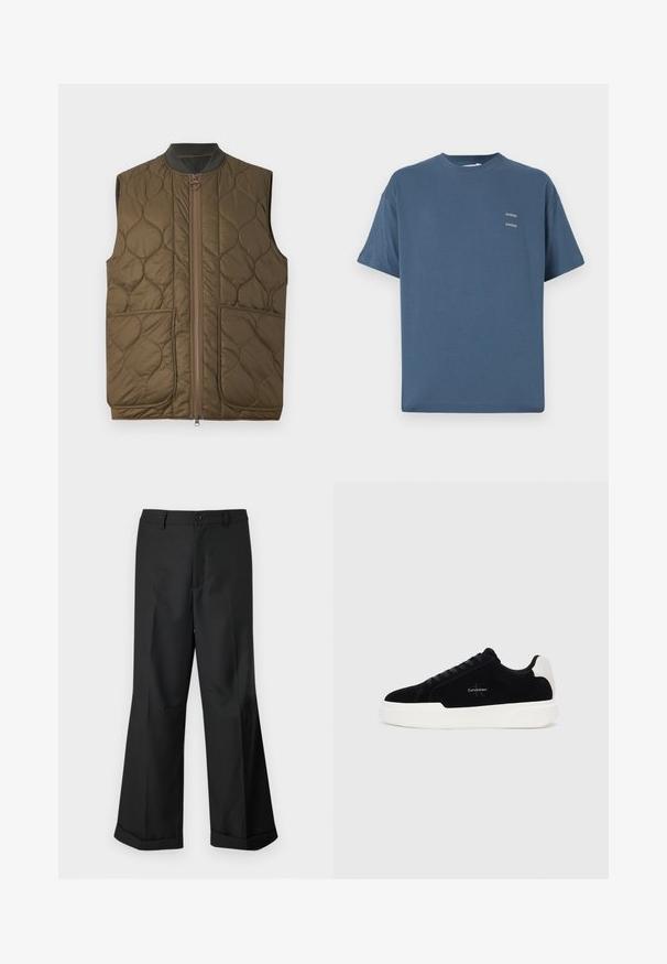 Kudumisega oliivroheline särgita vest, millel on ees lukuga kinnitamine, soonikkoes krae ja kaks eesmist taskut. Vasakul taskul on tagasihoidlik logodetail.; Sinine puuvillane T-särk klassikalise ümmarguse kaelusega, lühikeste varrukatega, vabalt istuv ning kahel väikesel prinditud logol rinnal. Sile tekstuur.; Mustad laiad püksid nupuga vöökoha ja cuffidega hemmed, esitatud lihtsa valge tausta taustal.; Mustad mustad tossussneaker valge tallaga ja kontsaabiga, nööbid ees, ja Calvin Kleini logo küljel.