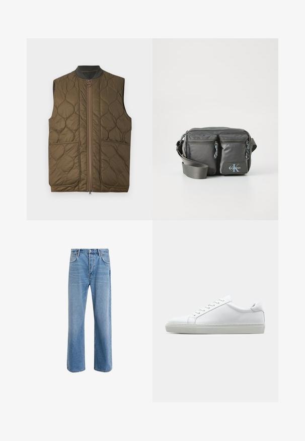 Quilted olive green sleeveless vest with front zipper, ribbed collar, and two front pockets. Subtle logo detail on the left pocket.; Long-sleeve, mock-neck shirt in light cream cotton. Smooth texture, relaxed fit, minimalist design, no visible patterns or accents.; Light blue denim jeans with a straight-leg design, five pockets, button closure, minimal fading, and contrasting stitching details.; White sneaker with a smooth leather upper and a low profile. Features a rounded toe, six eyelets, and a textured rubber sole.; Gray nylon crossbody bag with two zippered front pockets, adjustable strap, and logo accent. Smooth texture with a modern design.