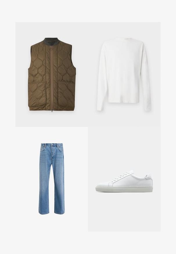 Gepolsterte olivgrüne ärmellose Weste mit Frontreißverschluss, geripptem Kragen und zwei vorderen Taschen. Subtile Logodetails auf der linken Tasche.; Langärmliges weißes Baumwollhemd mit rundem Ausschnitt, seitlichen Schlitzen am unteren Rand und glatter Textur, von hinten präsentiert.; Helle blaue Jeans im Geradeschnitt-Design, mit fünf Taschen, Knopfverschluss, minimaler Ausbleichung und kontrastierenden Nähdetails.; Weißer Sneaker mit glattem Lederobermaterial und niedrigem Profil. Verfügt über eine runde Zehenpartie, sechs Ösen und eine strukturierte Gummisohle.