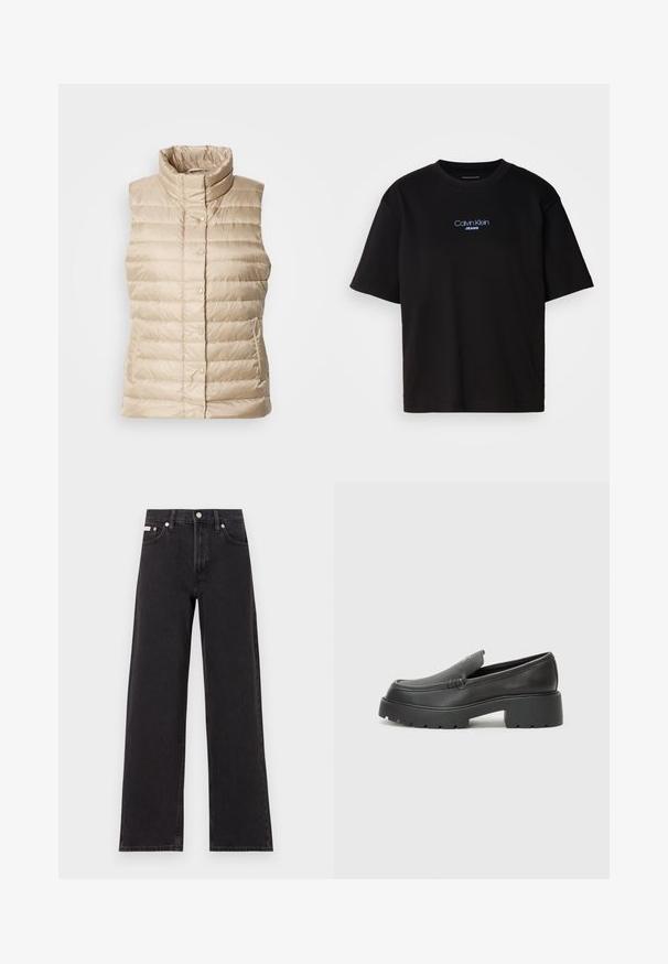 Beige puffer vest with a high collar, horizontal stitching, snap buttons, and two side pockets; smooth, lightweight, and quilted texture.; Black cotton t-shirt with a round neck, short sleeves, and blue embroidered "Calvin Klein JEANS" logo on the front.; Black wide-leg jeans made of denim, featuring a high-rise waist, five-pocket styling, and a metal button closure with contrasting stitching.; Black leather loafers with a rounded toe, thick textured sole, and minimal stitching details. Sleek design with no visible laces or hardware.