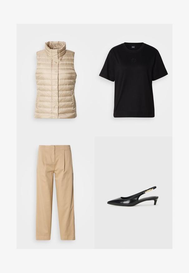 Beige puffer vest med høy krage, horisontale sømmer, trykknapper og to sidelommer; glatt, lett og quiltet tekstur.; Svart bomull T-skjorte med rund hals, korte ermer og et brodert logo på brystet. Enkel, avslappet passform uten mønstre.; Beige bomullsbukser med avslappet passform, med to frontplisser, rette ben og en klassisk knappelukking i midjen.; Sorte lærreim hæler med spiss tå, som har en slank hæl og en gullfarget detalj på den justerbare stroppen. Glatt tekstur.