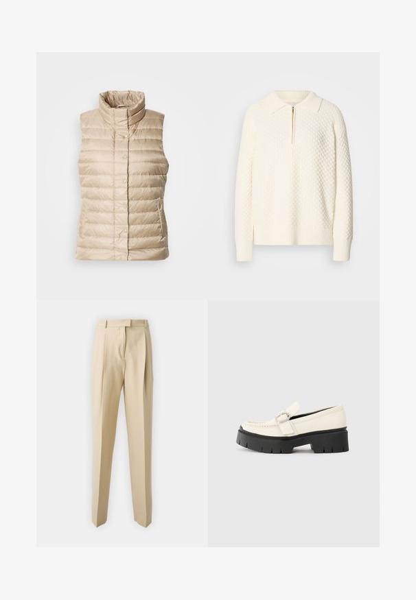Bežna pufasta brezrokavnika z visokim ovratnikom, horizontalnimi šivi, gumbom na klik in dvema stranskima žepoma; gladka, lahka in prešita tekstura.; Bela pletena pulover s teksturiranim vzorcem, pol zadrgo ter rebrastim ovratnikom in manšetami. Material se zdi mehak in udoben.; Bež hlače s krojem ravne nogavice, ki imajo zadrgo, pas ter gladko teksturo. Brez vidnih žepov ali okrasnih elementov.; Bela usnjena loafer čevlja z debelim črnim podplatom, ki ima pravokotno srebrno zaponko in vidne šive na zgornjem delu.