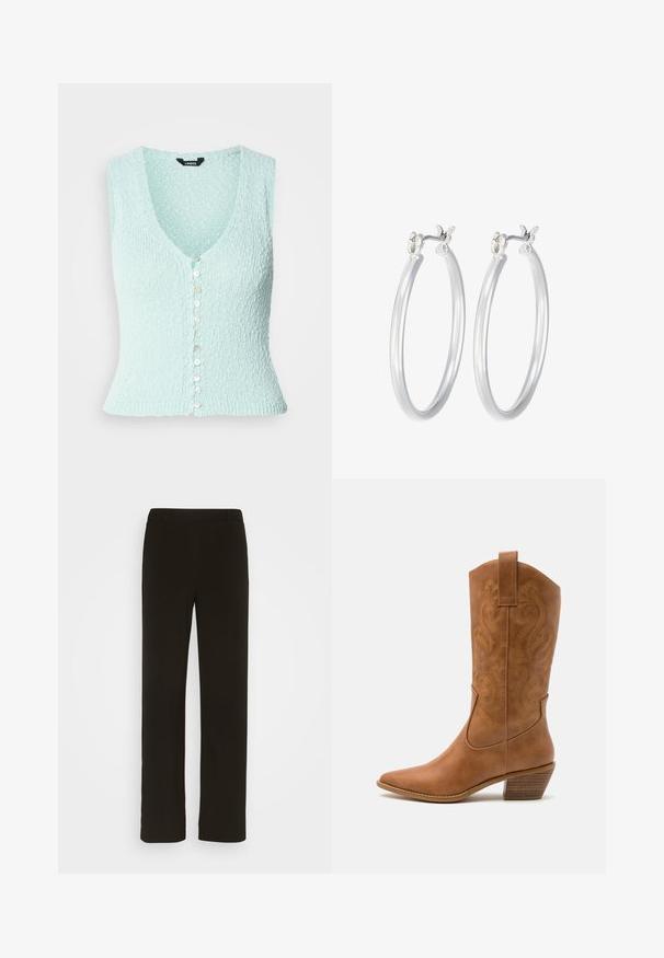 Light blue knitted vest, sleeveless with a deep V-neck, featuring a row of shiny buttons down the front and a fitted design.; Brown knitted sweater with a ribbed texture, round neckline, and long sleeves. Features contrasting ribbed detailing along the shoulders.; Black, straight-leg trousers made of woven fabric, featuring a flat front, two side pockets, and a smooth texture. No visible patterns or accents.; Tan leather cowboy boot with pointed toe, embroidered swirl patterns on shaft, and a stacked block heel. Features a pull tab for easy wear.; Silver hoop earrings with a smooth, polished finish. Round shape and secure click-top closure. Lightweight design suitable for everyday wear.