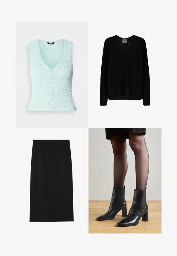 Gilet en tricot bleu clair, sans manches avec un décolleté en V profond, présentant une rangée de boutons brillants sur le devant et une coupe ajustée.; Pull noir en maille avec un col en V et des manches longues. Il présente une coupe décontractée et un petit logo métallique sur le bas à gauche.; Jupe crayon noire, longueur genou, faite d'un tissu lisse. Présente un design épuré avec deux coutures à l'avant et une fermeture éclair dissimulée au dos.; Bottines en cuir noir avec un bout pointu, un talon carré épais et un design élégant. Présente des panneaux latéraux élastiques pour un enfilage facile.