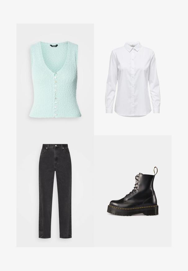 Light blue knitted vest, sleeveless with a deep V-neck, featuring a row of shiny buttons down the front and a fitted design.; White button-up shirt with long sleeves, structured collar, and rounded hem. Made from a smooth, solid fabric with no visible patterns or accents.; Straight-leg black denim jeans with high waist, front button and zipper, and five-pocket styling on a white background.; Black leather lace-up ankle boots with a chunky black sole and yellow stitching. Features a pull tab at the back and circular metal eyelets.