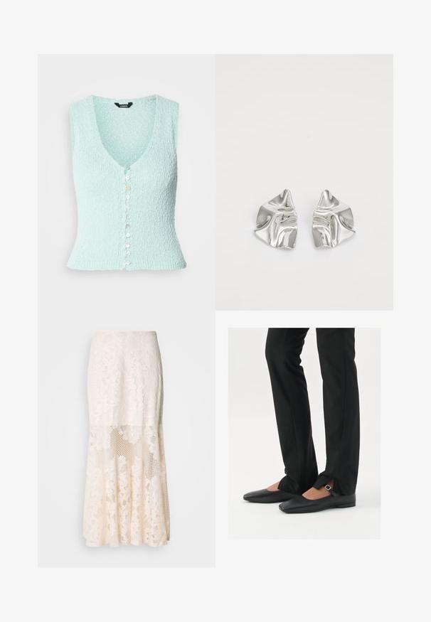Lyseblå strikket vest, ärmeløs med dyp V-hals, med en rad av skinnende knapper foran og en tettsittende design.; Svart tanktopp laget av myk, elastisk stoff. Har rund halsutskjæring og brede skulderstropper, med en tettsittende silhuett og jevn tekstur.; Blomsterbroderi midi skjørt i krem; har lagd design med gjennomsiktige seksjoner, teksturert blonde og flared kant.; Svart skinnballett-sko med spiss tå, stropp med sølvspenne, kombinert med svarte skreddersydde bukser med splitt i kanten.; Sølvmetall øredobber med et bølgete, skulpturelt design, preget av en polert finish og uregelmessige former, som fremhever en moderne estetikk.