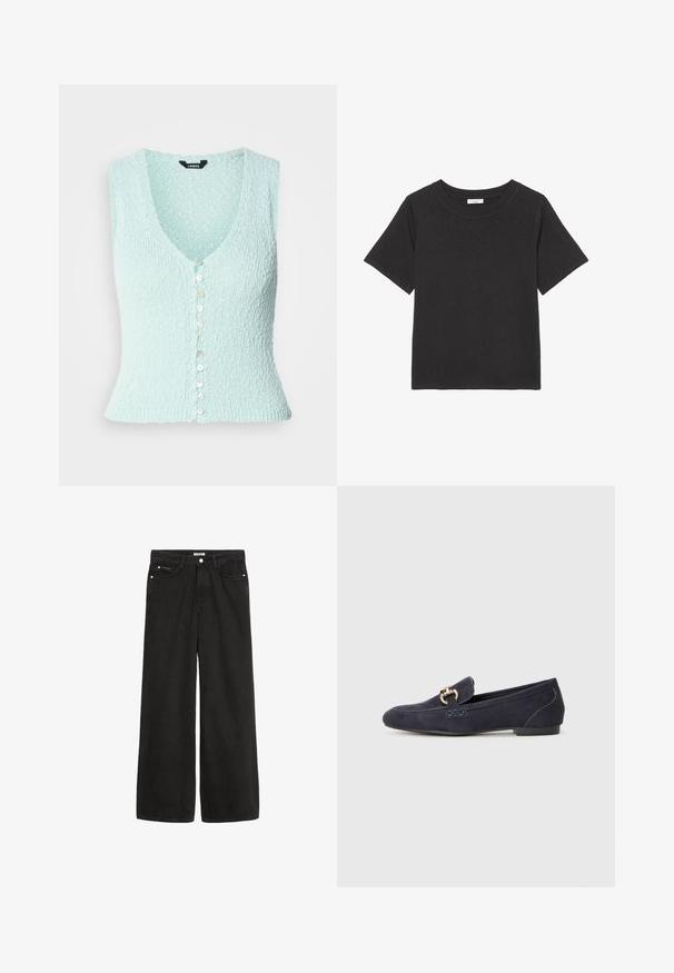 Svijetlo plavi pleteni prsluk, bez rukava s dubokim V-izrezom, s redom sjajnih gumba sprijeda i prilagođenim dizajnom.; Crna majica izrađena od mekog materijala, s okruglim izrezom i kratkim rukavima. Dizajn je jednostavan bez vidljivih uzoraka ili akcenata.; Crne traperice širokih nogavica s visokim strukom. Ima pet džepova, metalne detalje i čisti završetak. Tekstura je glatka i mekana.; Tamnosmodri ante loafer s zaobljenim vrhom, u kojem se nalazi dekorativni metalni lanac i niska peta s kontrastnim detaljima šivanja.
