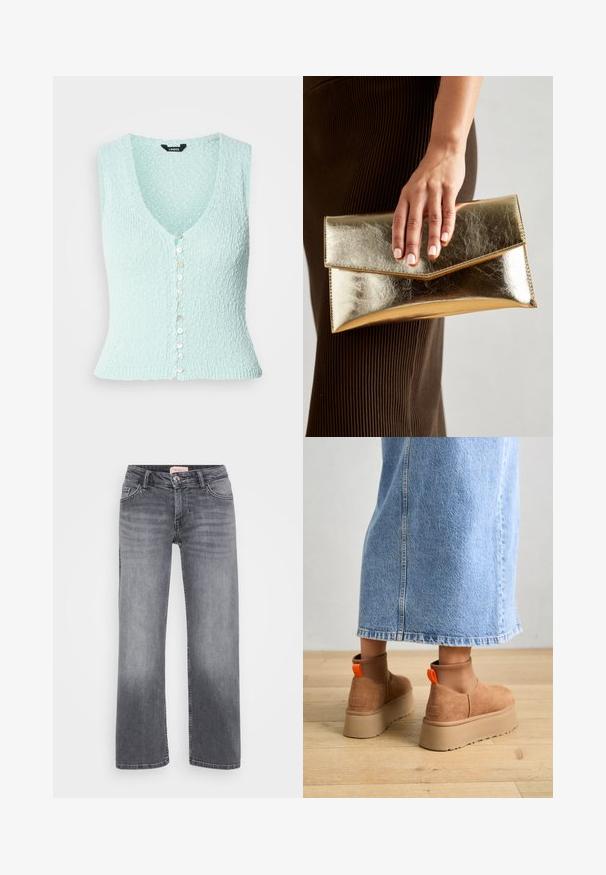 Gaiši zils adīts veste, bez piedurknēm ar dziļu V veida kakla izgriezumu, ar spīdīgu pogu rindu pa priekšpusi un pieguļošu dizainu.; Even&Odd Petite 2 PACK - Tops - light grey/black; Pelēki džinsi ar taisnu kāju dizainu, piecu kabatu stils, viegla izbalēšana un pogas aizdare viduklī.; Brūni zamšādas platforma zābaki ar elastīgiem sānu paneļiem un oranžām cilpām, apvienoti ar līdz ceļgaliem garu gaišā denima svārku uz koka grīdas.; Zelta metalizēta sajūga soma ar gludu tekstūru, kuru rotā trīsstūrveida vāks. Rokai, kas to tur, ir kārtīgi apgriezti nagi.; Sudraba auskars ar pulētu apdari, ar maziem zelta akcentiem un apaļu formu, uz ausu ļipiņas.