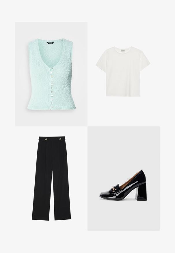 Vesta tricotată de culoare albastru deschis, fără mâneci, cu un decolteu adânc în formă de V, având o rând de nasturi strălucitori pe față și un design ajustat.; Tricou alb cu mânecă scurtă, made din bumbac moale. Are un guler rotund și o croială lejeră. Design curat, fără modele sau accente vizibile.; Pantaloni negri cu picioare largi, talie înaltă, detalii cu butoane pe talie și pliseuri în față.; Pantofii cu toc înalt din piele lăcuită neagră, cu vârf ascuțit și toc pătrat. Prezentând o curea decorativă și detaliu cu cataramă pe vârf.