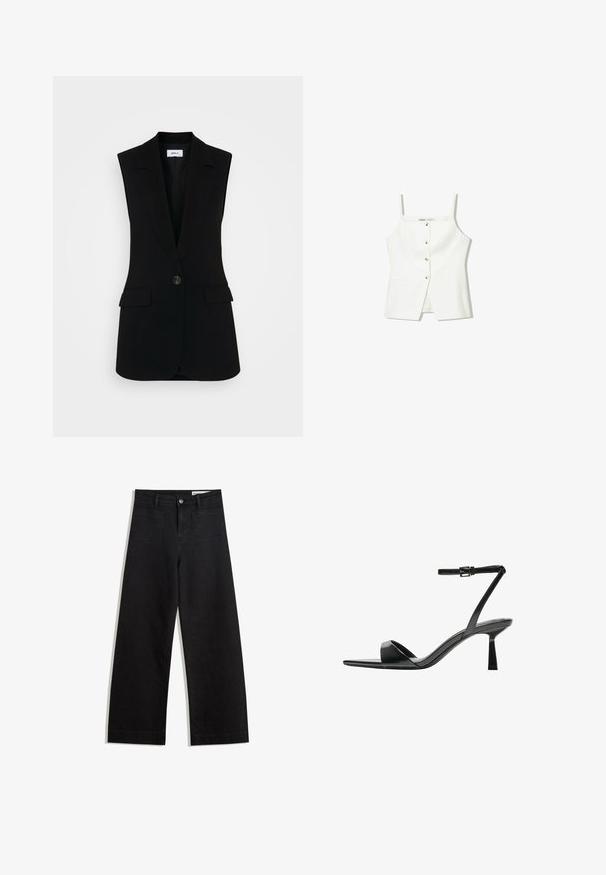 Fekete ujjatlan mellény szabott kivitelezéssel, egy gombos záródással, formázott hajtókákkal és oldalsó zsebekkel.; Fehér, ujjatlan felső, gombos előrészével, oldalzsebeivel és testhezálló kialakításával, enyhén bővülő aljával. Simább textúrájú, minimális részletezéssel.; Fekete, bő szabású farmernadrág magas derékkal, elülső és hátsó zsebekkel, varrott felületekkel és gombos záródással. Sima textúra.; Bershka Magas sarkú szandálok - black
