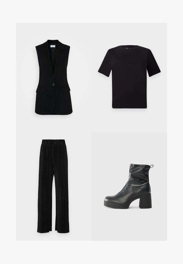 Crna prsluk bez rukava s krojem po mjeri, koji ima zatvaranje na jedan dugme, strukturirani ovratnik i bočne džepove.; Crna majica kratkih rukava s okruglim izrezom, izrađena od mekane pamučne tkanine. Jednostavan dizajn, bez vidljivih logotipa ili uzoraka.; Crne plisirane hlače s elastičnim pojasom. Imaju široke nogavice i glatku, teksturiranu tkaninu s vertikalnim prugama.; Crne gležnjače od glatke kože, s bočnim zatvaračem, debelim teksturiranim potplatom i dizajnom s zaobljenim prstima.
