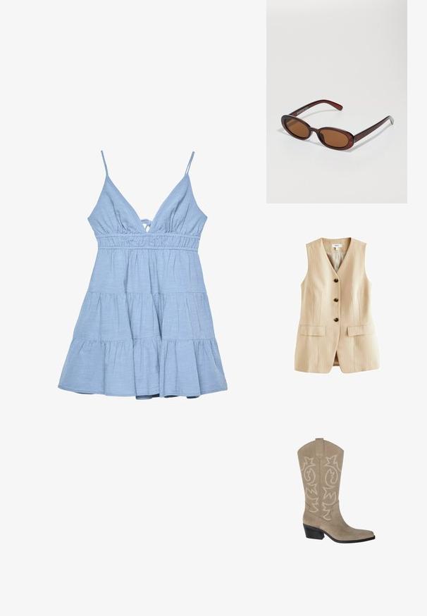 Béžová vestu s proužky a výstřihem do V, se pěti černými knoflíky a dvěma předními kapsami. Vyrobena z hladkého materiálu s přizpůsobeným střihem.; Světle modré šaty bez rukávů s výstřihem do V, nařaseným korpusem a vrstvovou sukní. Vyrobeny z texturované látky s nastavitelnými ramínky.; PULL&BEAR Kovbojské/motorkářské kozačky - taupe; Kulaté sluneční brýle hnědé barvy s lesklým burgundským rámem. Úzké nožičky s jemným logem. Rovné čočky.