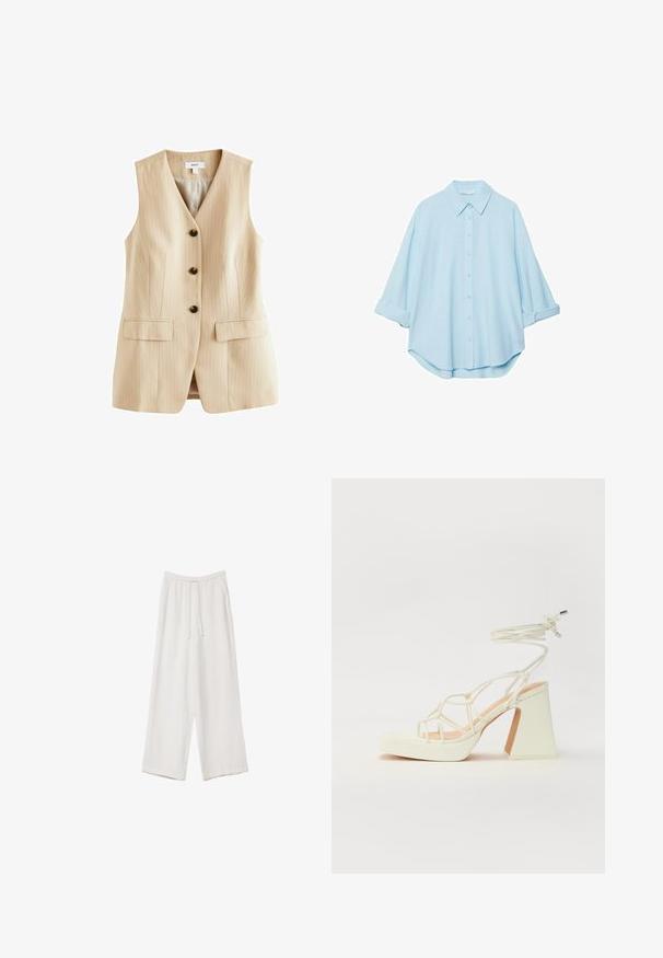 Bež prugasta brezrokavnik s črnim izrezom, petimi črnimi gumbi in dvema sprednjima žepoma. Narejen iz gladkega materiala s prilagojenim dizajnom.; Svijetloplava košulja napravljena od mekog materijala, s klasičnim ovratnikom, prednjim kopčanjem na dugmad i podvrnutim rukavima za opušteni izgled.; Bele široke hlače iz lahkega materiala. Imajo elastičen pas s vrvico in stranske žepe. Gladka tekstura.; Bela sandala na visokih petah s debelim petam, ki ima obliko trakcev in vezanje okoli gležnja. Gladka tekstura z platformo spredaj za dodatno višino.