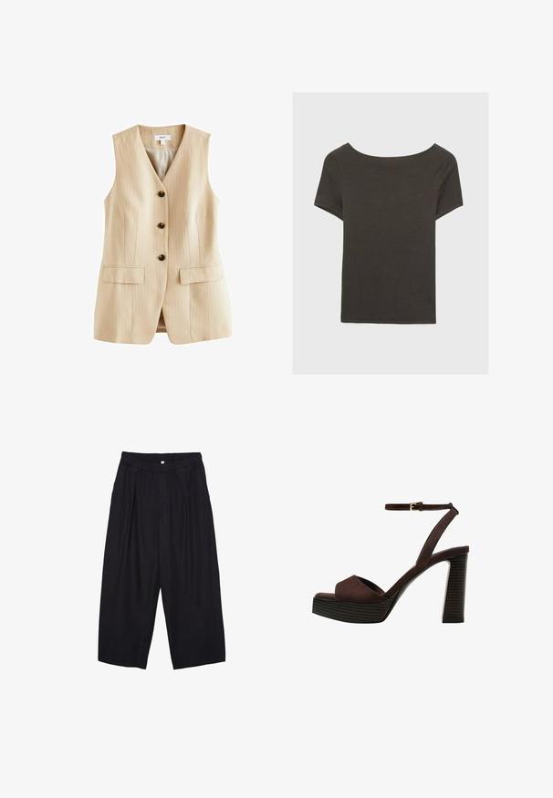 Beige Weste mit Nadelstreifen, V-Ausschnitt, fünf schwarzen Knöpfen und zwei vorderen Taschen. Hergestellt aus einem glatten Material mit taillierter Passform.; Dunkelgraues Kurzarmoberteil mit Bootsausschnitt. Hergestellt aus geripptem Stoff, mit lockerer Passform und sauberem Saum. Einfaches Design, ohne Muster.; Schwarze Polyester-Culotte mit einem elastischen Bund, zwei vorderen Falten und einer lockeren Silhouette. Keine sichtbaren Muster oder Hardware-Details.; Braune Wildleder-Pumps mit offenem Zeh, verstellbarem Knöchelriemen und gestreiftem Plateausohlen.