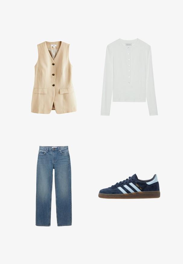Beżowa kamizelka w prążki z dekoltem w kształcie litery V, pięcioma czarnymi guzikami i dwoma przednimi kieszeniami. Wykonana z gładkiego materiału o dopasowanym kroju.; Biała bluzka z długim rękawem wykonana z prążkowanej tkaniny, z okrągłym dekoltem i zapinana na sześć przezroczystych guzików z przodu.; Jasnoniebieskie dżinsy z prostym krojem, pięcioma kieszeniami i miedzianymi detalami. Materiał ma delikatne przetarcia i gładką fakturę.; Granatowe zamszowe tenisówki Adidas z jasnoniebieskimi paskami, gumową podeszwą, jasnoniebieską zakładką na pięcie oraz złotym logo "Spezial" po boku.